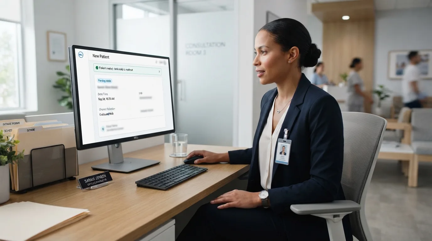 Clinic staff creating a new patient record with pending intake
